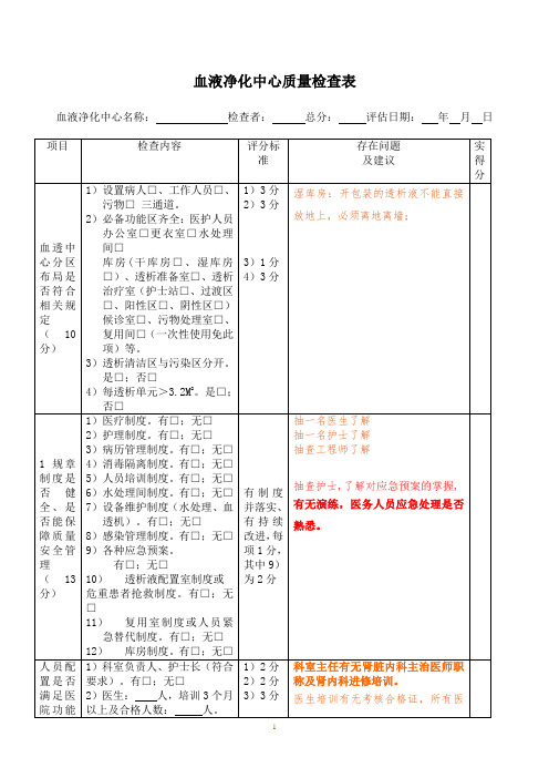 血液净化中心质量检查表