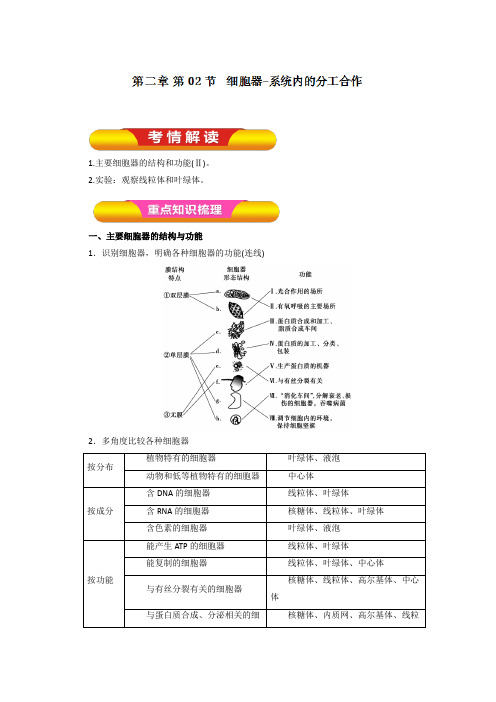 2019届高考生物一轮复习精品导学案：专题2.2 细胞器-系统内的分工合作(原卷版)