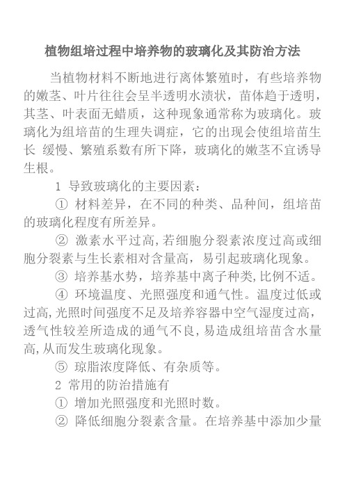 植物组培过程中培养物的玻璃化及其防治方法