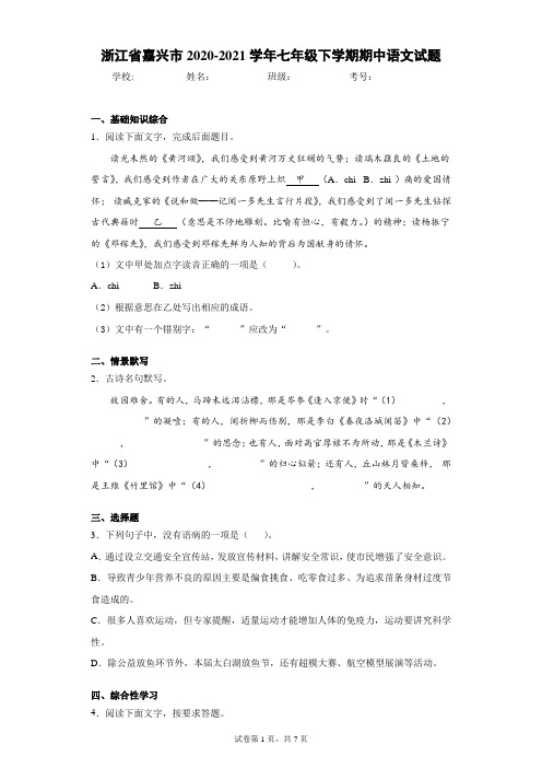 浙江省嘉兴市2020-2021学年七年级下学期期中语文试题(word版含答案)