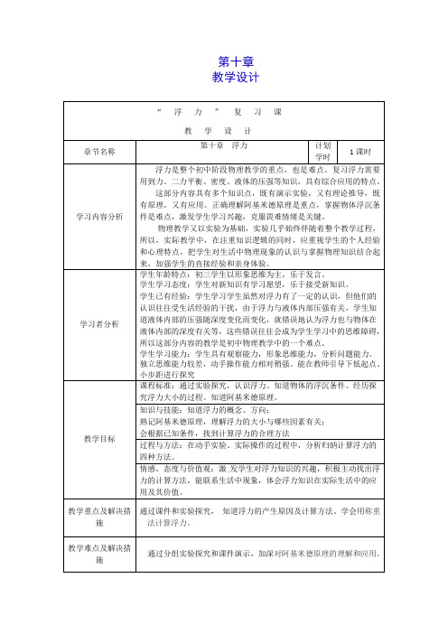 人教版八年级物理下册 第十章 浮力 复习教案