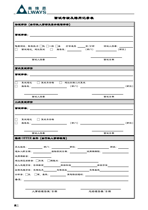 面试考核及聘用记录表
