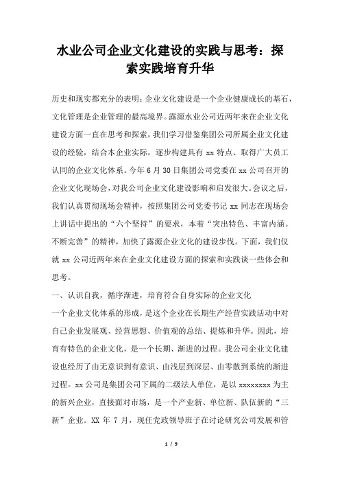 2019年水业公司企业文化建设的实践与思考：探索实践培育升华