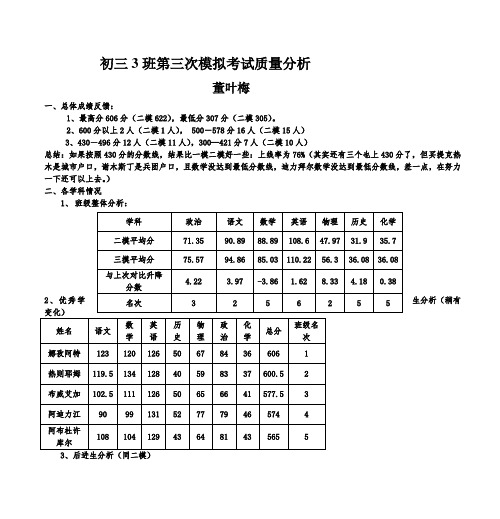 初三3班第三次模拟考试质量分析