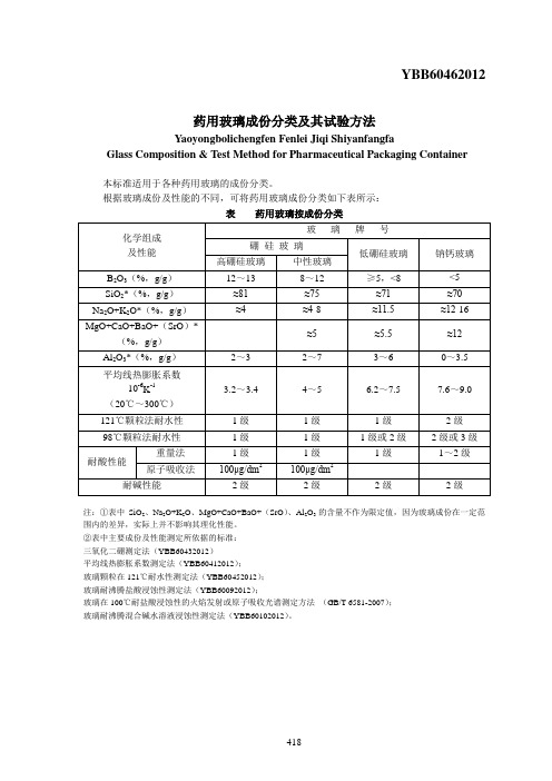 YBB60462012药用玻璃成份分类及其试验方法