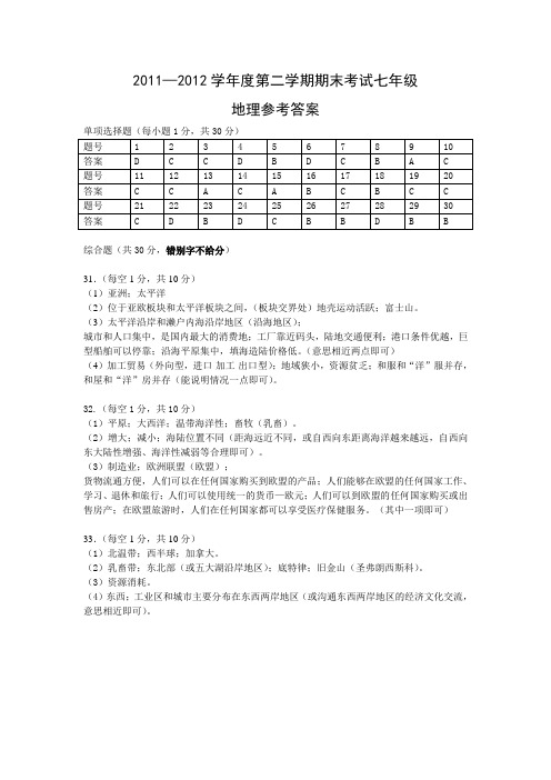 2011-2012第二学期七年级答案