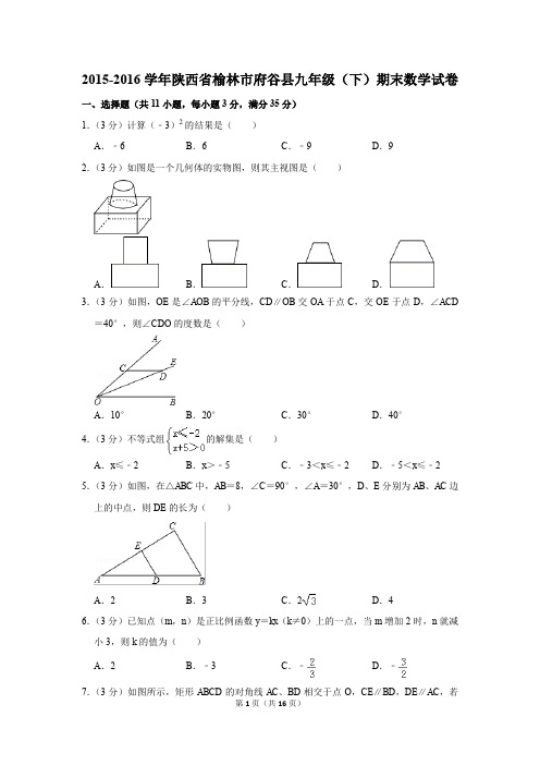 2015-2016学年陕西省榆林市府谷县九年级(下)期末数学试卷(解析版)