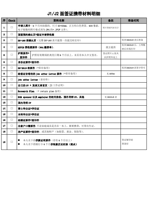 j1+J2签证面签携带资料明细表-HXX 2019
