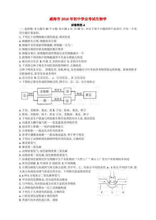 山东省威海市2016年中考生物真题试题(含答案)