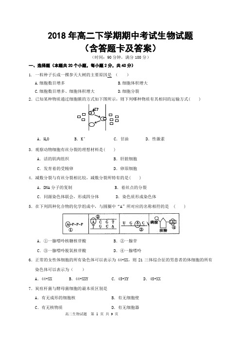 2018年高二下学期期中考试生物试题(含答题卡及答案)