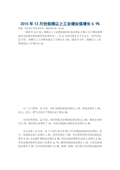 2015年12月份规模以上工业增加值增长