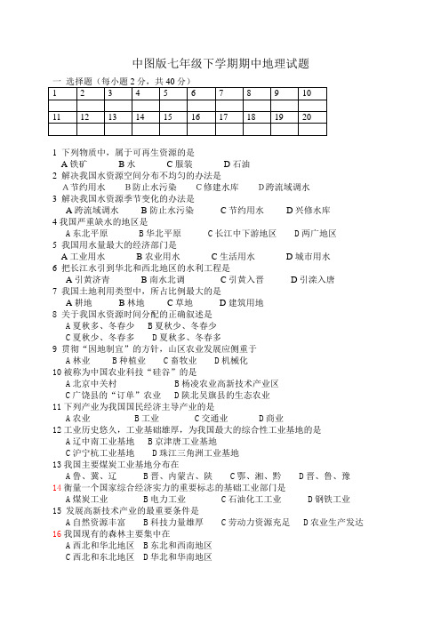 2017中图版七年级地理下册期中地理试卷