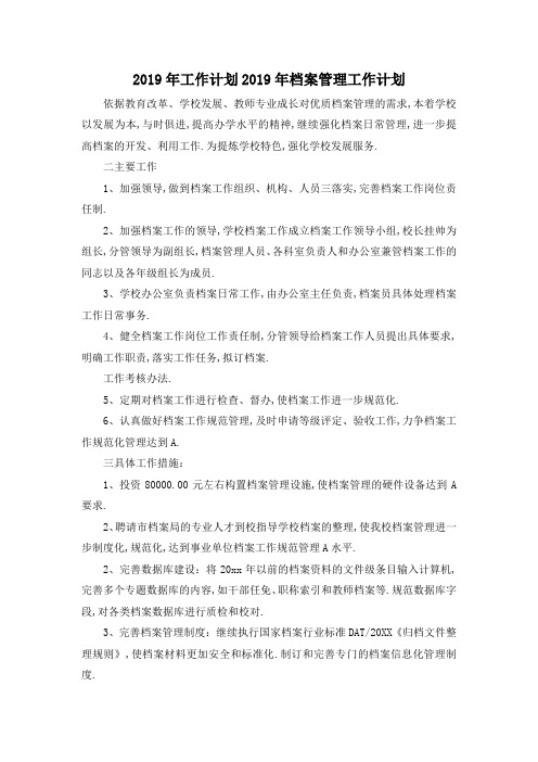 最新-2019年工作计划 2019年档案管理工作计划 精品