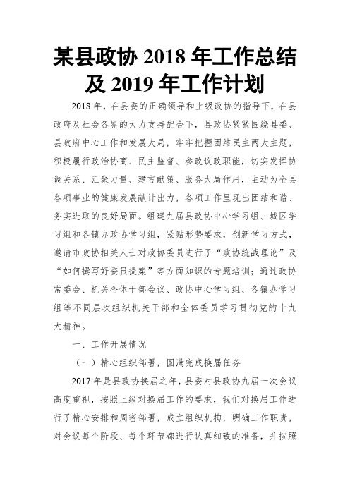 某县政协2018年工作总结及2019年工作计划