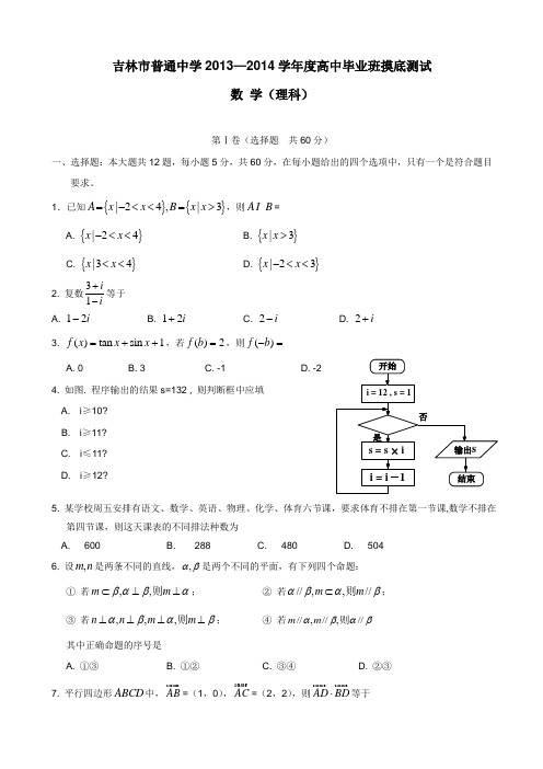 吉林省吉林市普通中学2014届高三开学摸底考试数学(理)试题(附答案)