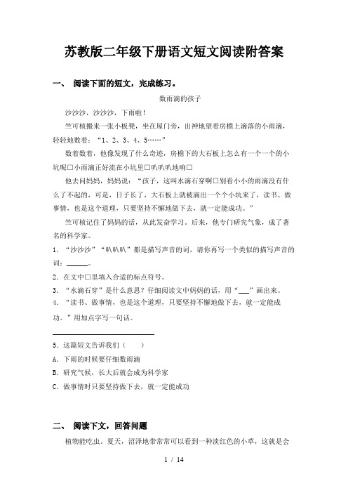 苏教版二年级下册语文短文阅读附答案