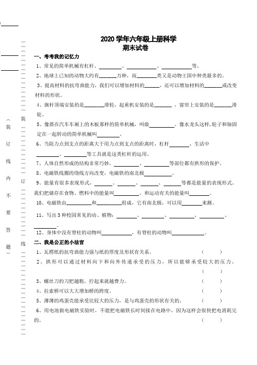 2020年六年级上册科学期末测试卷 教科版(含答案) (4)