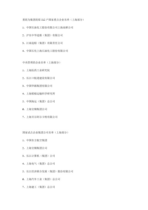 重组为集团的原512户国家重点企业名单2012年