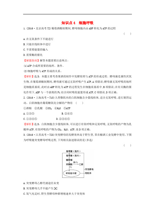 2020届高考生物一轮复习高考真题分类题库2016年知识点4细胞呼吸含解析
