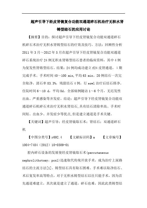 超声引导下经皮肾镜复合功能双通道碎石机治疗无积水肾铸型结石的应用论文