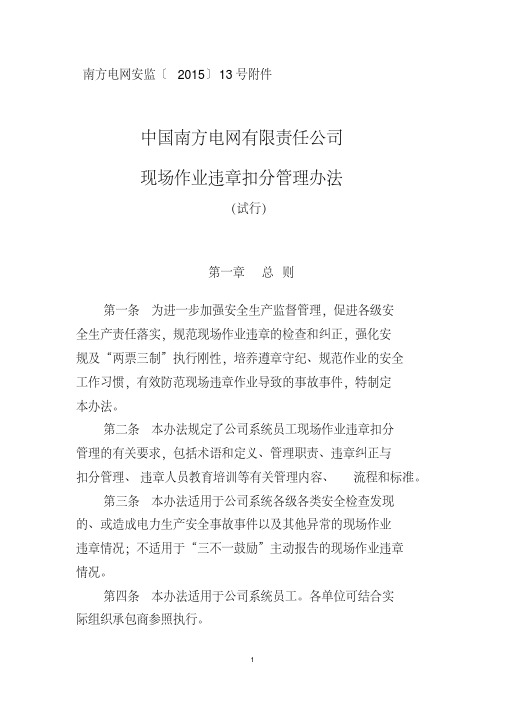 中国南方电网有限责任公司现场作业违章扣分管理办法(试行).精讲【精品】