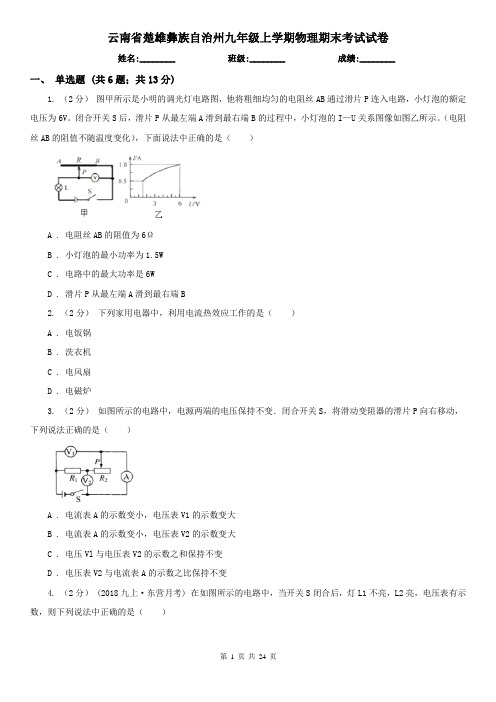 云南省楚雄彝族自治州九年级上学期物理期末考试试卷 (2)