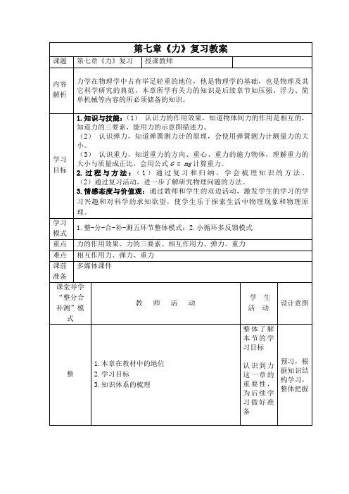 人教版八年级物理下册  第七章  力   复习教案设计