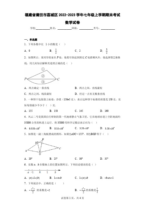 福建省莆田市荔城区2022-2023学年七年级上学期期末考试数学试卷及解析