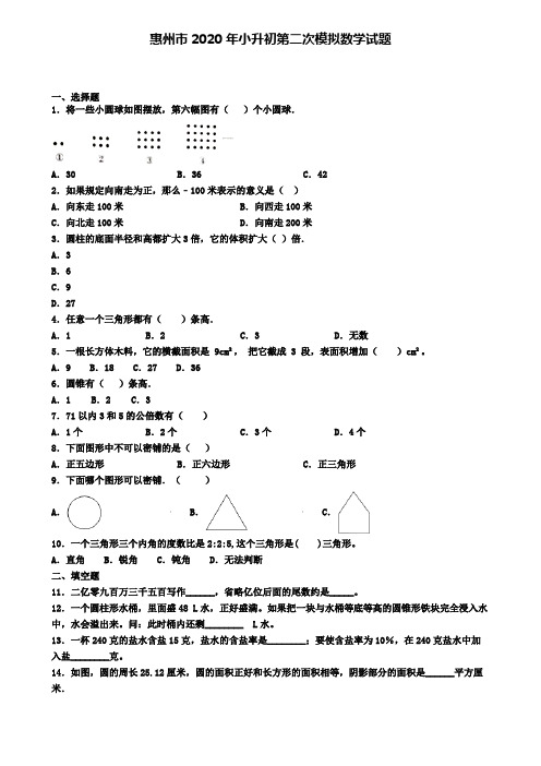 惠州市2020年小升初第二次模拟数学试题