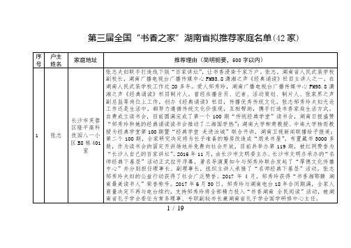 第三届全国书香之家湖南省拟推荐家庭名单(42家)