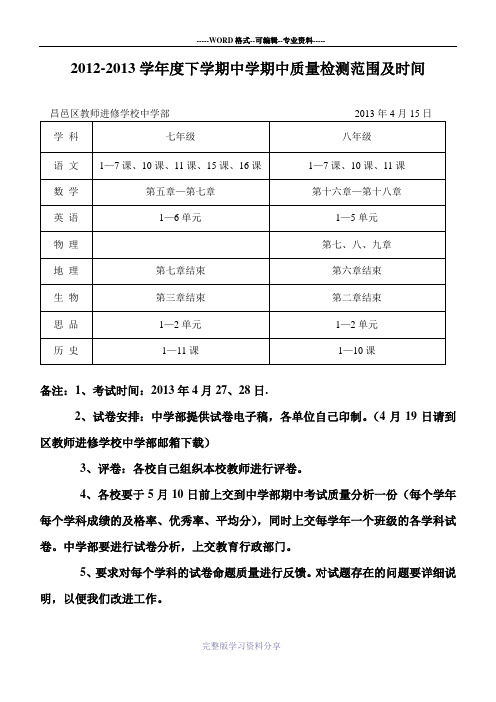 20122013学年度下学期中学期中质量检测范围