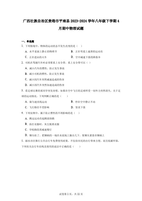 广西壮族自治区贵港市平南县2023-2024学年八年级下学期4月期中物理试题