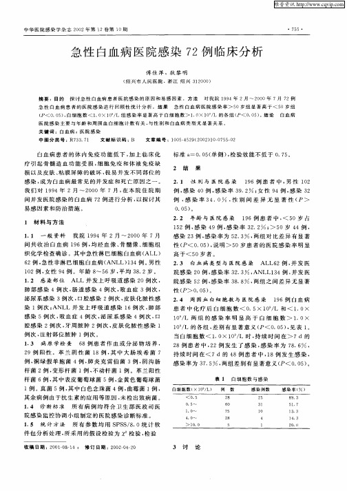 急性白血病医院感染72例临床分析