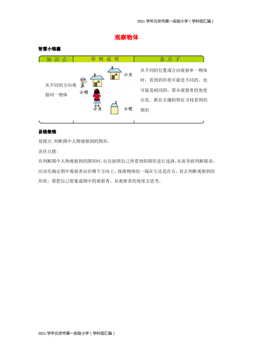 2021学年北京市第一实验小学(汇编)一年级数学下册观察物体知识清单素材-(北师大版)