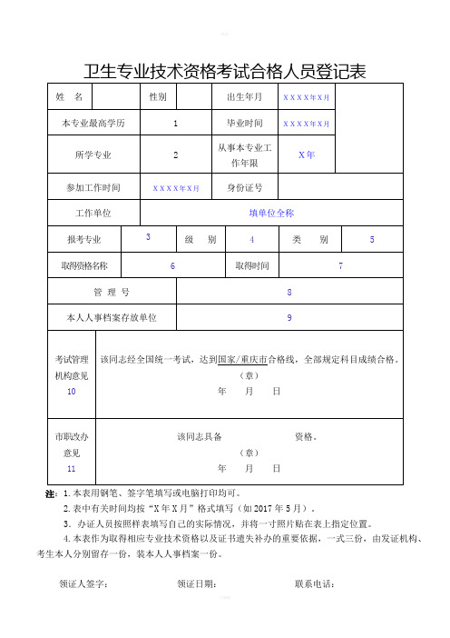 卫生专业技术资格考试合格人员登记表