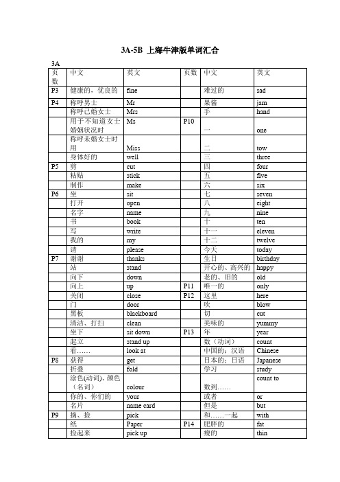 上海牛津英语3A至5B单词