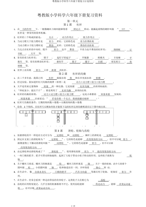 粤教版小学科学六年级下册复习计划资料