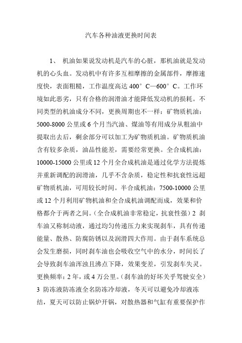 汽车各种油液更换时间表