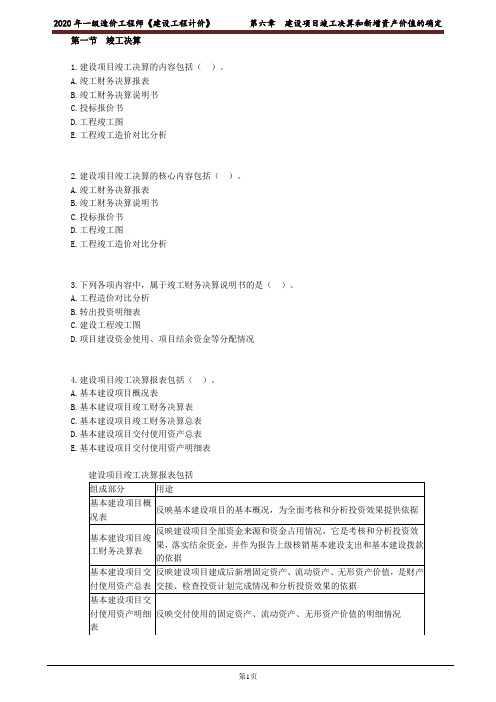 2020年一级造价工程师《建设工程计价》第六章建设项目竣工决算和新增资产价值的确定