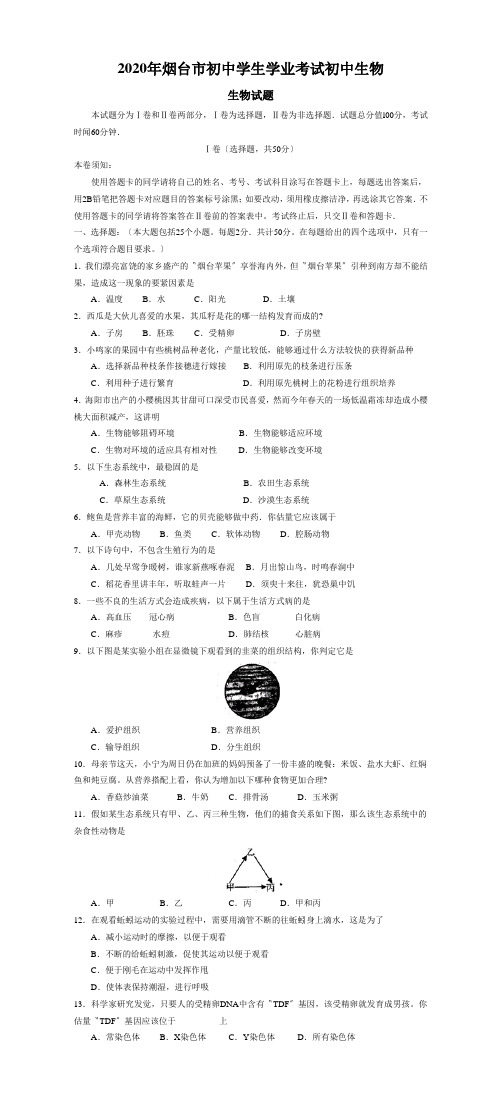 2020年烟台市初中学生学业考试初中生物