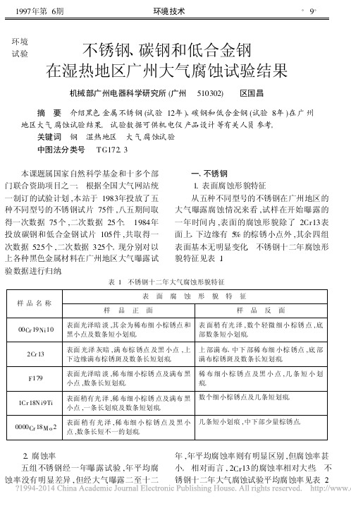 不锈钢_碳钢和低合金钢在湿热地区广州大气腐蚀试验结果_区国昌
