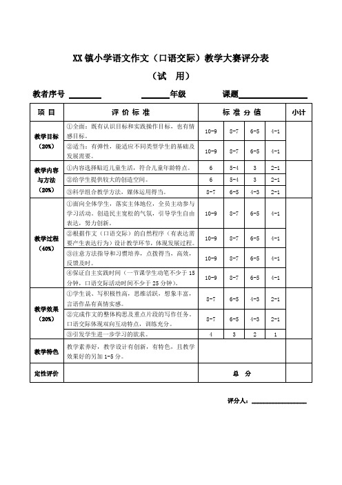 XX镇小学语文作文(口语交际)教学大赛评分表
