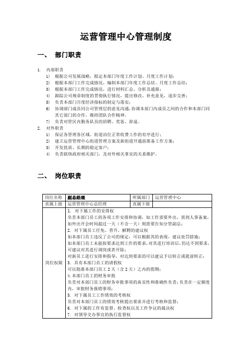 运管中心部门职责、岗位职责、绩效考核标准