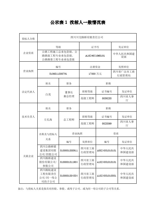 公示表1 标人一般情况表