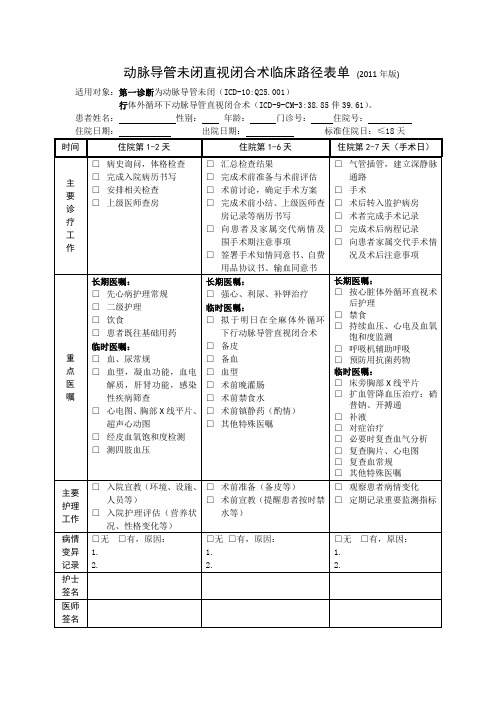 动脉导管未闭直视闭合术临床路径表单 (