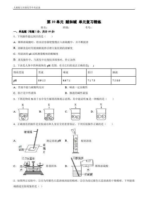 人教版九年级化学 第10单元 酸和碱 单元复习精练(解析版)