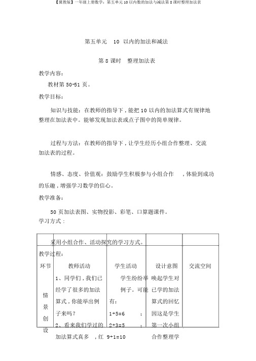 【冀教版】一年级上册数学：第五单元10以内数的加法与减法第8课时整理加法表