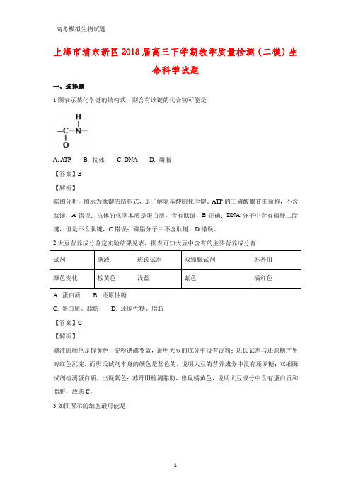 上海市浦东新区2018届高三下学期教学质量检测(二模)生命科学试题生物试题(答案+解析)