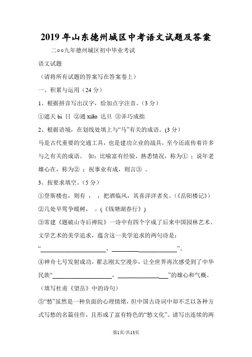 山东德州城区中考语文试题及答案