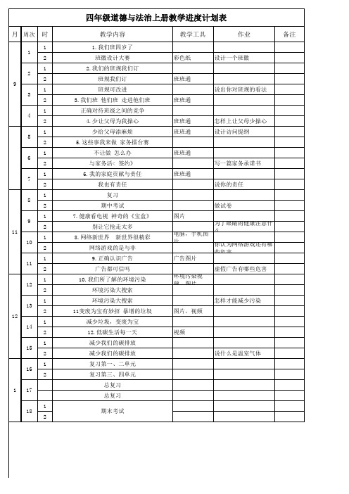 四年级道德与法治上册教学进度计划表